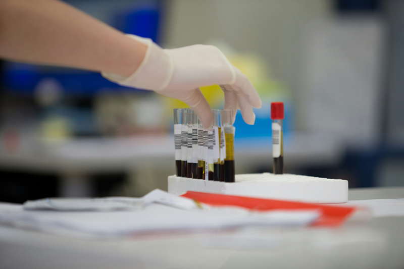 Operatore di laboratorio con guanti azzurri manipola una provetta